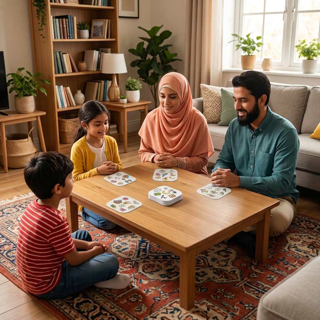Muslim family playing Pic-a-Pair Islam Edition together at home